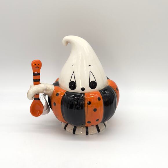 Johanna Parker Ghost Peek A Boo Bowl Lid Spoon Transpac Halloween NEW - Picture 1 of 11